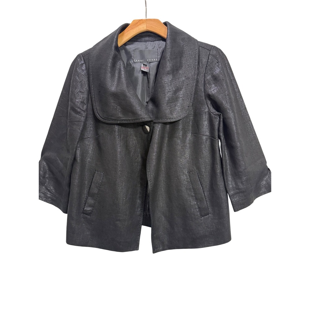 Yansi Fugel Linen Lagenlook Jacket M Black EUC Metallic 3/4 Sleeve MOB/MOG work